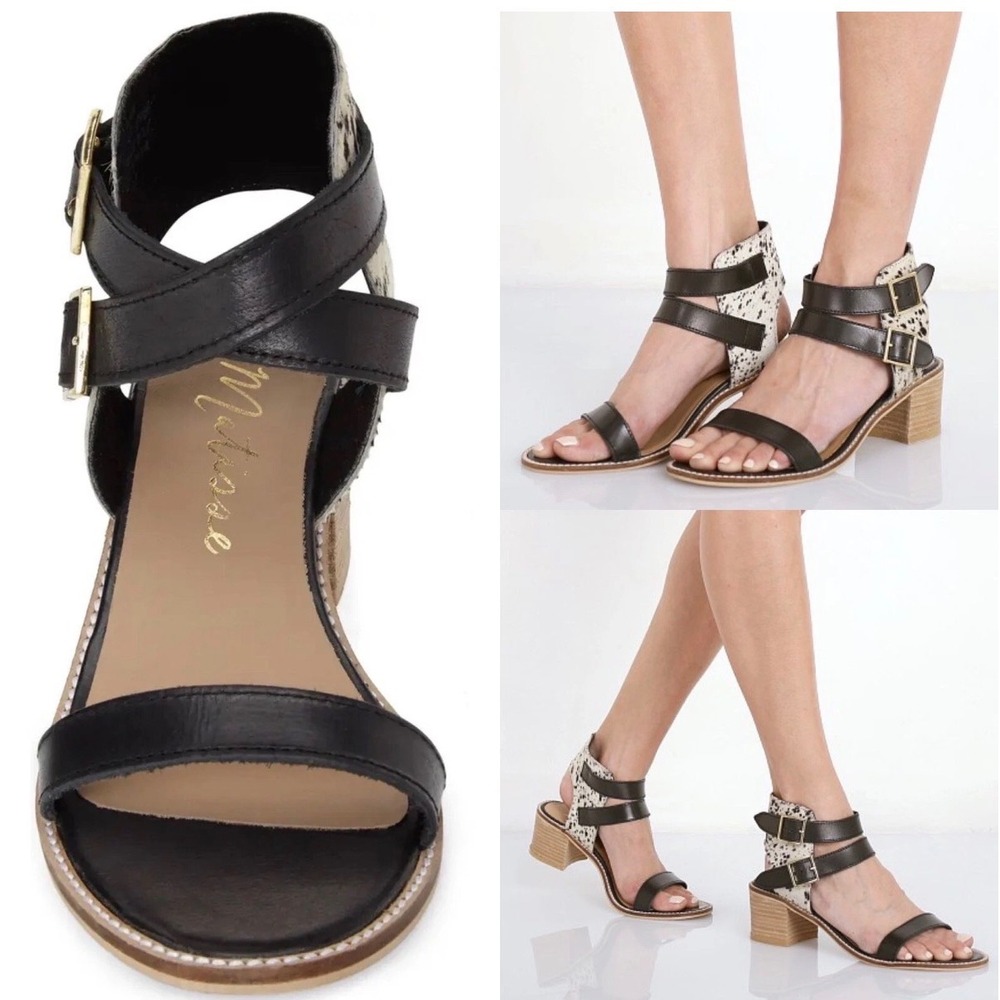 Matisse Orin Hair Calf Black Leather Double Buckle Block Heel Sandal Sz 9